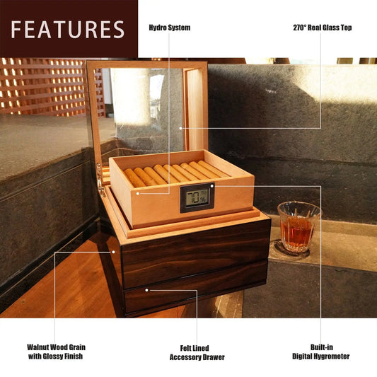 Humidor Cigar Box, Handcrafted Box Top 270" Elegant Glossy Spanish Cedar Humidors with Easy HumidificationSystem, Accurate Digital Hygrometer with 2 Humidor Solution by Wudytim - Wudytim Store