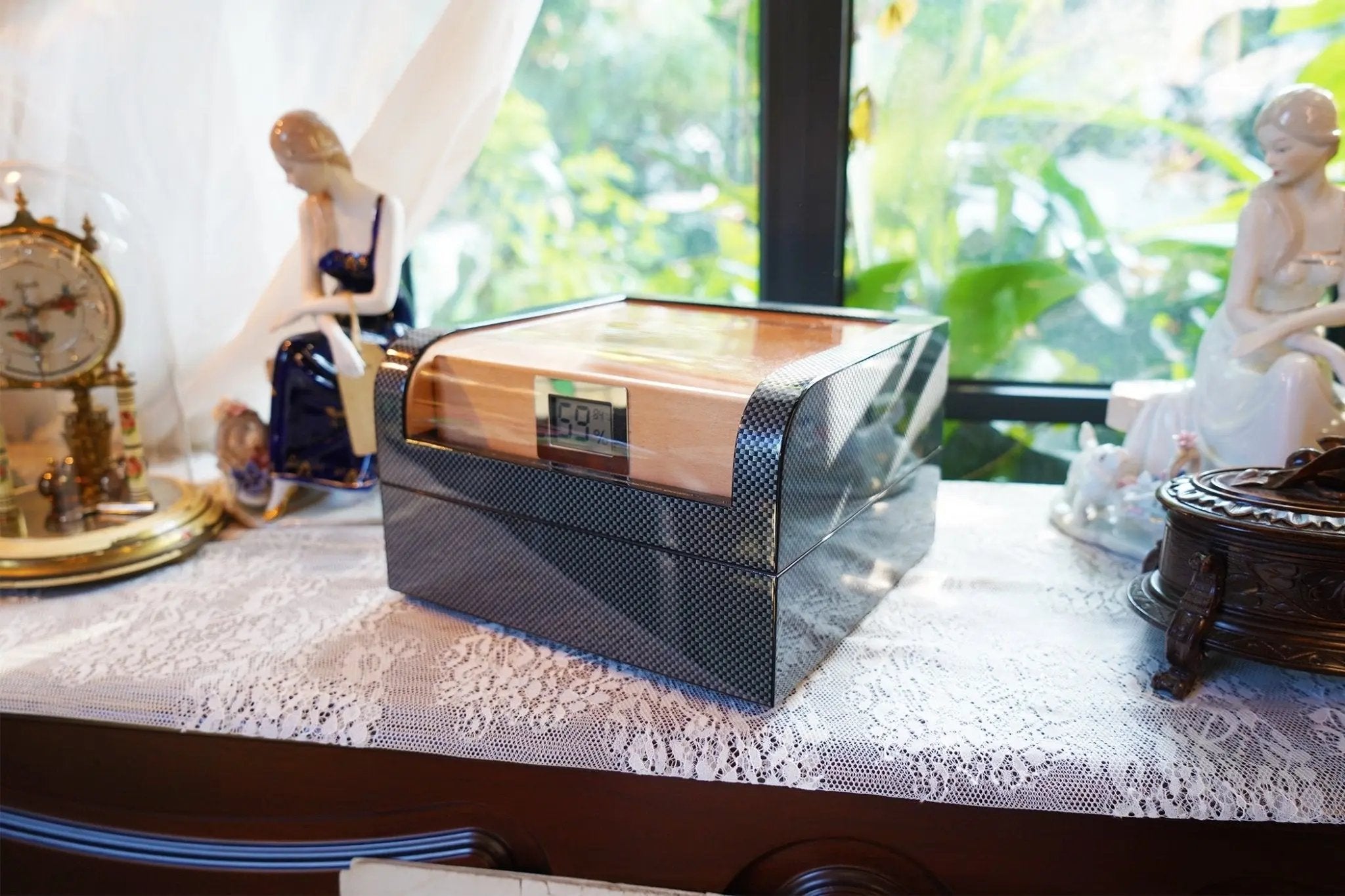 Wudytim Cigar Humidor, Handcrafted Top 270° Elegant Glossy Spanish Cedar Cigar Box with Easy Humidification System, Accurate Digital Hygrometer - Wudytim Store