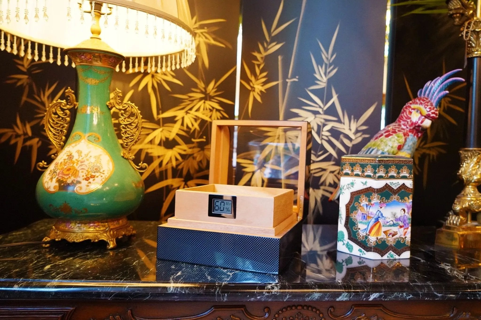 Wudytim Cigar Humidor, Handcrafted Top 270° Elegant Glossy Spanish Cedar Cigar Box with Easy Humidification System, Accurate Digital Hygrometer - Wudytim Store