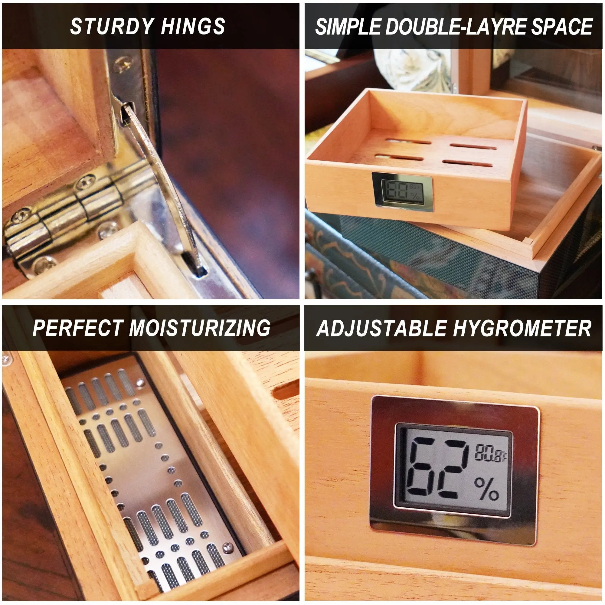 Wudytim Cigar Humidor, Handcrafted Top 270° Elegant Glossy Spanish Cedar Cigar Box with Easy Humidification System, Accurate Digital Hygrometer - Wudytim Store