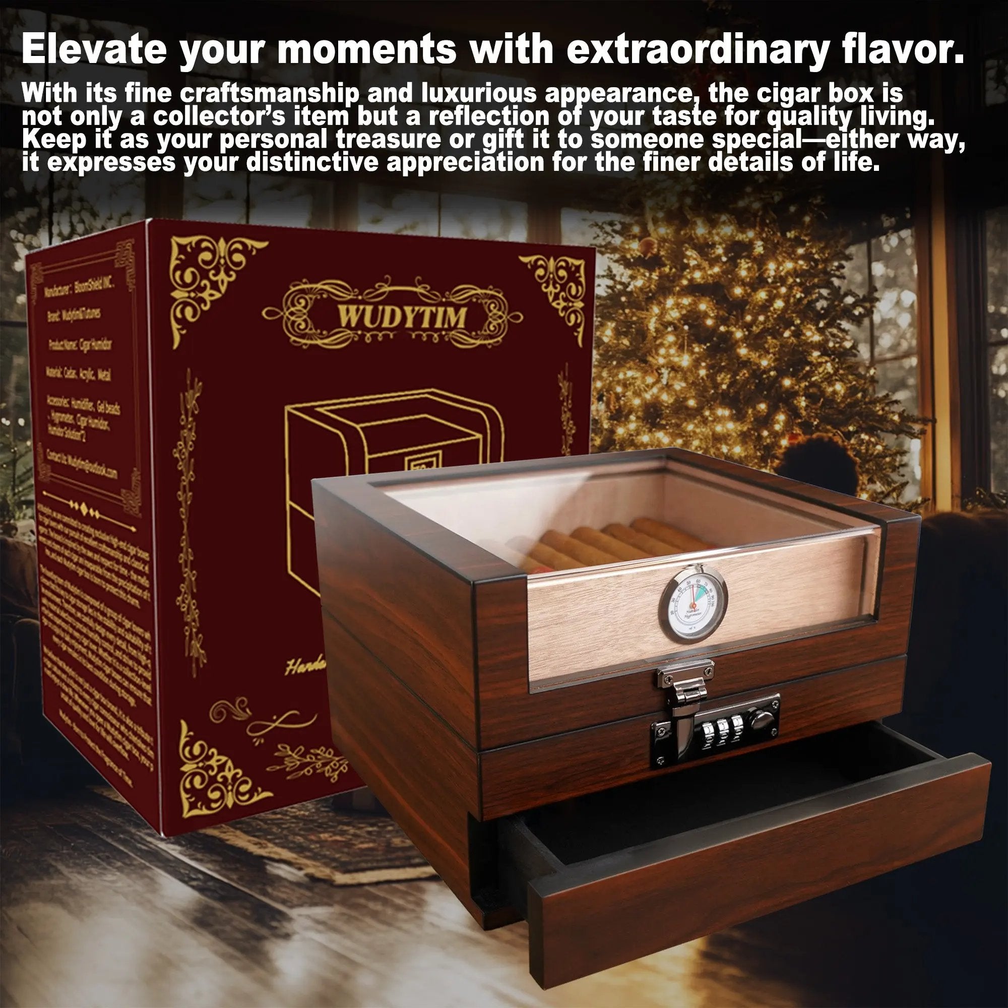 Wudytim Cigar Humidor, Handcrafted Top 270° Spanish Cedar Cigar Box with Easy Humidification System, Accurate Hygrometer for 25 Cigars (25 - 60 Cigars) - Wudytim Store